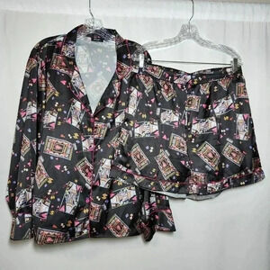 Nasty Gal Size 14 Playing Card Theme Pajama Set Shorts & Long Sleeve Top